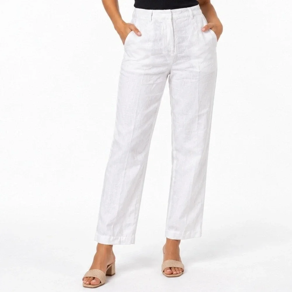 Zara Pants Women M White Wide Leg Linen Blend High Rise Summer Trousers